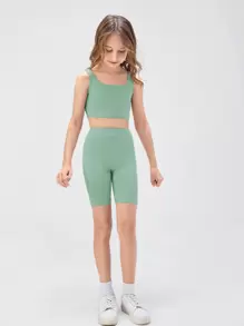 SHEIN Leap Crew Girls Solid Tank Top & Cycling Shorts Set - Green - View 1