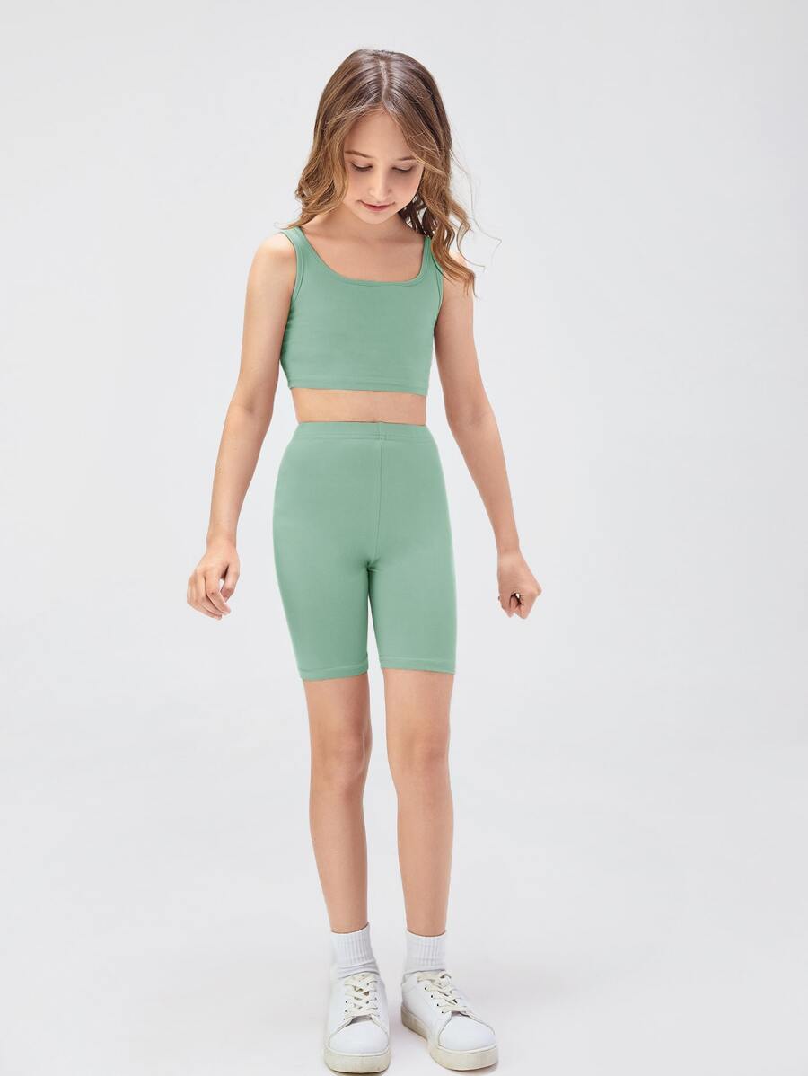 SHEIN Leap Crew Girls Solid Tank Top & Cycling Shorts Set - Green - View 1