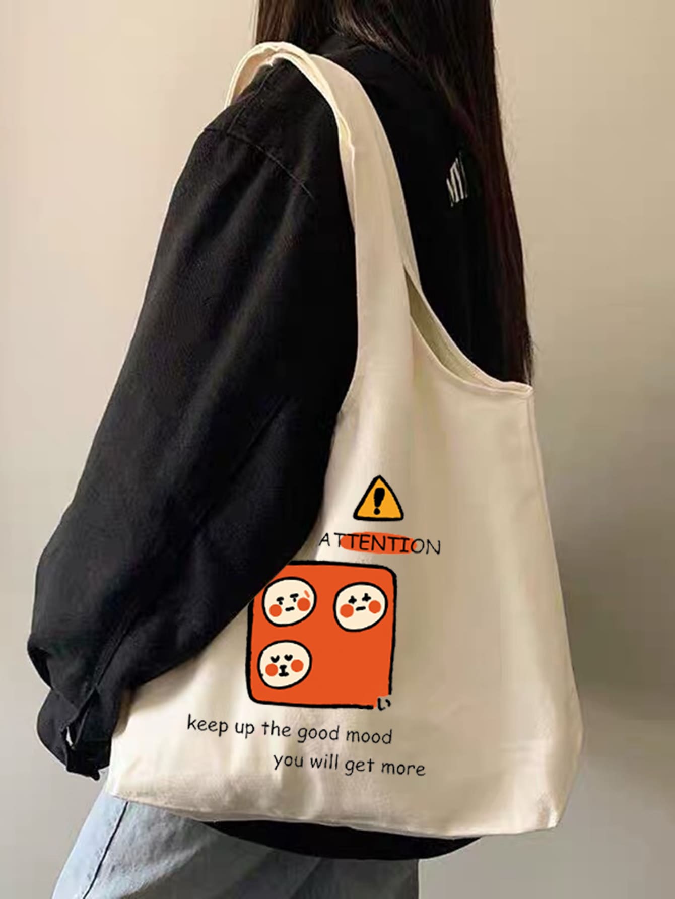 Túi Xách tay Nữ Hoạt hình Lá thư Đôi tay cầm Sẵn sàng - Màu be - Xem 1