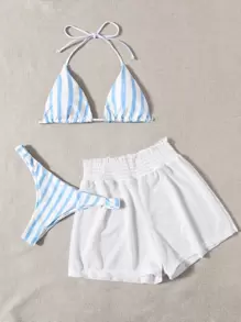 Swim Mod Summer Beach Striped Triangle Bikini Set & Mesh Shorts - Blue and White - View 3
