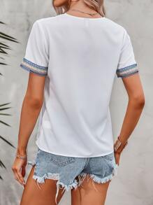 拼接水溶蕾絲V領襯衫 - 白色 - 查看 2