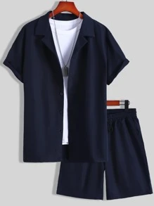 Manfinity RSRT Men Solid Lapel Neck Shirt & Shorts Without Tee - Navy Blue - View 1
