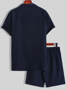 Manfinity RSRT Men Solid Lapel Neck Shirt & Shorts Without Tee - Navy Blue - View 2