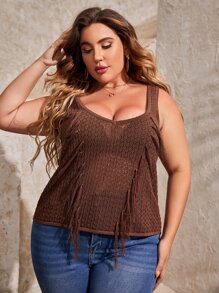 SHEIN Plus Fringe Trim Pointelle Knit Top Without Bra - Chocolate Brown - View 1