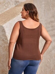 SHEIN Plus Fringe Trim Pointelle Knit Top Without Bra - Chocolate Brown - View 2