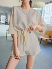 DAZY Conjunto de dos piezas para mujer compuesto por una camiseta de punto de gota de hombro y shorts con nudo delantero - Albaricoque - Ver 4