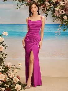 SHEIN Belle Draped Ruched Split Thigh Formal Dress Elegant Bridesmaid Dress - Red Violet - View 5