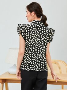 SHEIN Amorya 滿版印花繫帶領蝴蝶袖上衣 - 黑與白 - 查看 2