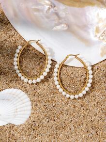 2入組人造珍珠裝飾圓耳環 - 金黃色 - 查看 1