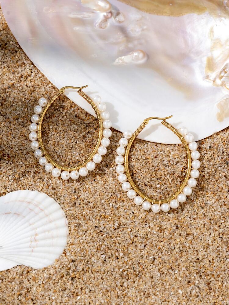 2入組人造珍珠裝飾圓耳環 - 金黃色 - 查看 1