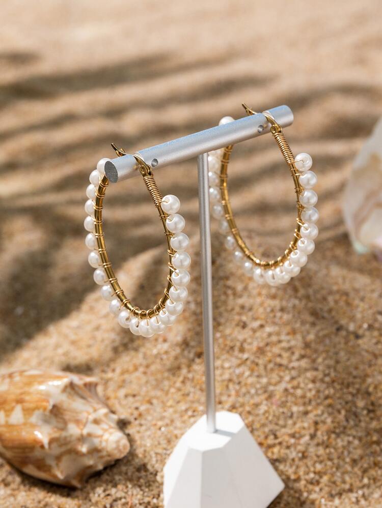 2入組人造珍珠裝飾圓耳環 - 金黃色 - 查看 3