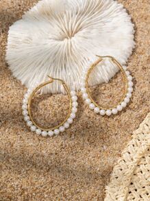 2入組人造珍珠裝飾圓耳環 - 金黃色 - 查看 2