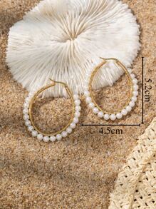 2入組人造珍珠裝飾圓耳環 - 金黃色 - 查看 4