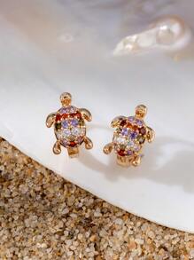 方晶鋯石裝飾龜設計耳環 - 彩色 - 查看 2
