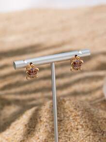 方晶鋯石裝飾龜設計耳環 - 彩色 - 查看 3