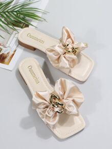 Chuỗi & Trang trí Bow Dép xăng đan , Màu be Buổi tiệc Nút bướm , Kim loại Chuỗi Màu thuần Của phụ nữ Dép phẳng - Màu be - Xem 2