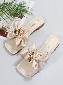 Chuỗi & Trang trí Bow Dép xăng đan , Màu be Buổi tiệc Nút bướm , Kim loại Chuỗi Màu thuần Của phụ nữ Dép phẳng - Màu be - Xem 5