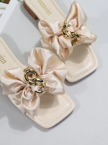 Chuỗi & Trang trí Bow Dép xăng đan , Màu be Buổi tiệc Nút bướm , Kim loại Chuỗi Màu thuần Của phụ nữ Dép phẳng - Màu be - Xem 6