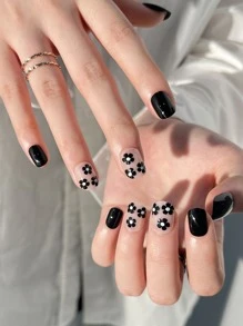 使用24入組短方形黑色素色花卉印花假指甲和1入組指甲銼和1張膠帶打造迷人魅力 - 彩色 - 查看 1