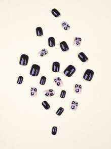 使用24入組短方形黑色素色花卉印花假指甲和1入組指甲銼和1張膠帶打造迷人魅力 - 彩色 - 查看 4