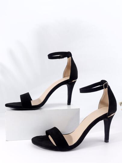 Women Minimalist Stiletto Heeled Ankle Strap Sandals, Elegant Black Faux Suede Heeled Sandals