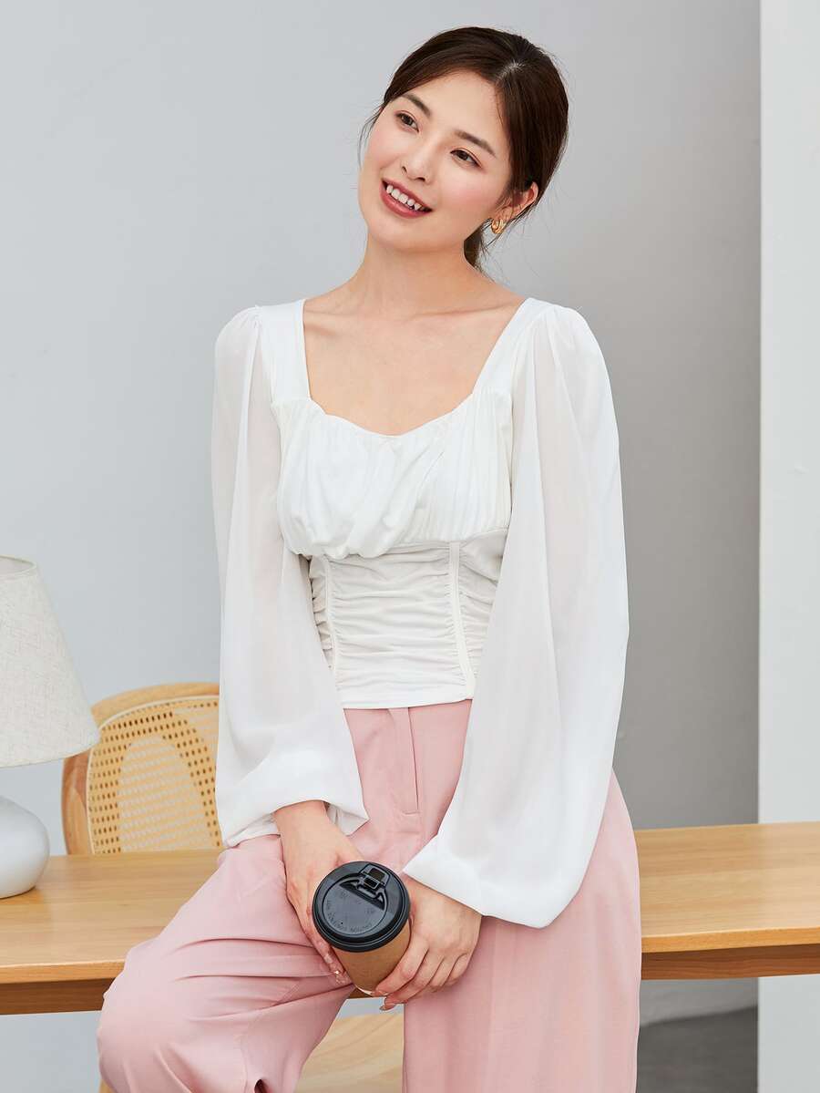 SHEIN BAE 方領燈籠袖襯衫 - 白色 - 查看 1