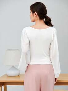 SHEIN BAE 方領燈籠袖襯衫 - 白色 - 查看 2