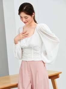 SHEIN BAE 方領燈籠袖襯衫 - 白色 - 查看 4