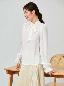 SHEIN Clasi Solid Tie Front Blouse - White - View 4