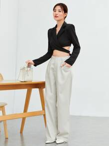 SHEIN BAE Áo khoác  âu phục nữ Buộc lại Trọn gói màu trơn Thanh lịch - màu đen - Xem 4