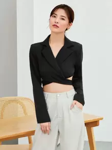 SHEIN BAE Áo khoác  âu phục nữ Buộc lại Trọn gói màu trơn Thanh lịch - màu đen - Xem 6