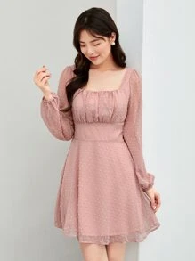 SHEIN Privé Ruched Bust Lantern Sleeve Swiss Dot Dress - Baby Pink - View 1