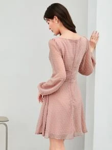 SHEIN Privé Ruched Bust Lantern Sleeve Swiss Dot Dress - Baby Pink - View 2