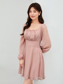 SHEIN Privé Ruched Bust Lantern Sleeve Swiss Dot Dress - Baby Pink - View 3