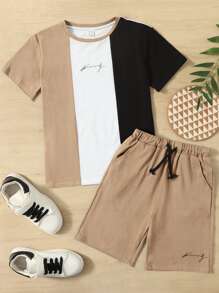 SHEIN Camiseta De Manga Corta Con Gráfico De Letra Y Pantalones Cortos Con Cordón Para Cintura Para Niños En Edad Pre-adolescente - Multicolor - Ver 1