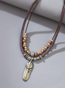 1pc Women's European And American Style Multi-layer Leaf Pendant Necklace - Brown - View 1