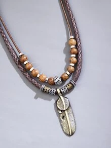 1pc Women's European And American Style Multi-layer Leaf Pendant Necklace - Brown - View 2