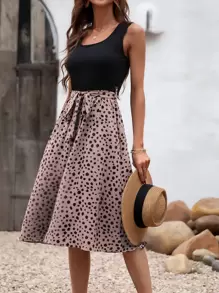 SHEIN LUNE Colorblock Belted A-line Dress - Multicolor - View 4