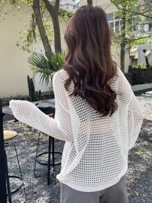 DAZY Suéter calado con hombros caídos sin sujetador transparente, atuendo de playa, ropa de mujer para otoño - Blanco - Ver 2