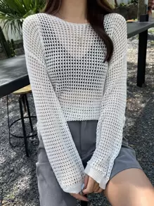 DAZY Suéter calado con hombros caídos sin sujetador transparente, atuendo de playa, ropa de mujer para otoño - Blanco - Ver 6