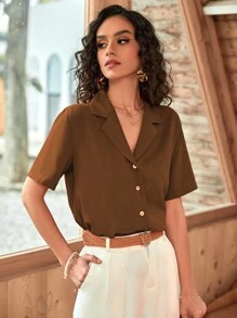 Áo sơ mi nữ Nút phía trước màu trơn Giải trí - Cà phê nâu - Xem 1