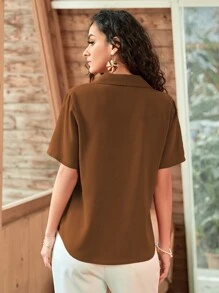Áo sơ mi nữ Nút phía trước màu trơn Giải trí - Cà phê nâu - Xem 2
