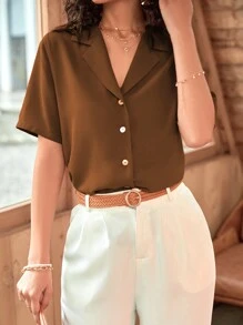 Áo sơ mi nữ Nút phía trước màu trơn Giải trí - Cà phê nâu - Xem 3