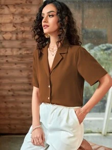 Áo sơ mi nữ Nút phía trước màu trơn Giải trí - Cà phê nâu - Xem 6