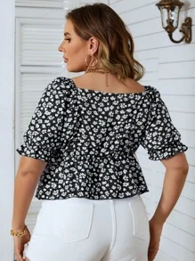 SHEIN Holidaya Plus Ditsy Floral Drawstring Front Sweetheart Neck Peplum Blouse - Black - View 2