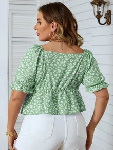 SHEIN Holidaya Plus Ditsy Floral Drawstring Front Sweetheart Neck Peplum Blouse - Mint Green - View 2