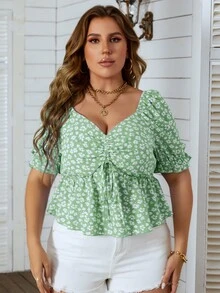 SHEIN Holidaya Plus Ditsy Floral Drawstring Front Sweetheart Neck Peplum Blouse - Mint Green - View 3
