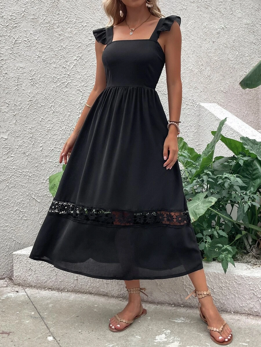 Ruffle Detail Lace Floral Panel Dress - Black - View 1