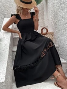 Ruffle Detail Lace Floral Panel Dress - Black - View 3