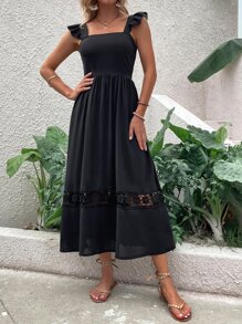 Ruffle Detail Lace Floral Panel Dress - Black - View 4